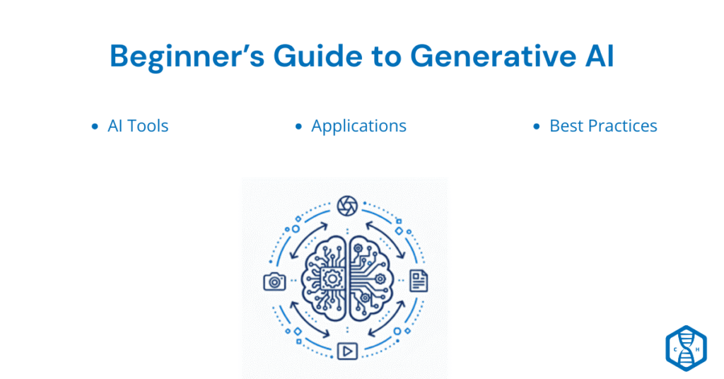 Featured image for Beginner's Guide to Generative AI showing AI chip and brain circuit icon with bullet points for AI Tools, Applications, and Best Practices on light teal gradient background
