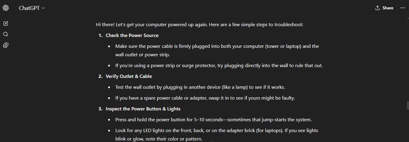 ChatGPT interface displaying a structured troubleshooting response with numbered steps and bullet points demonstrating effective prompt engineering