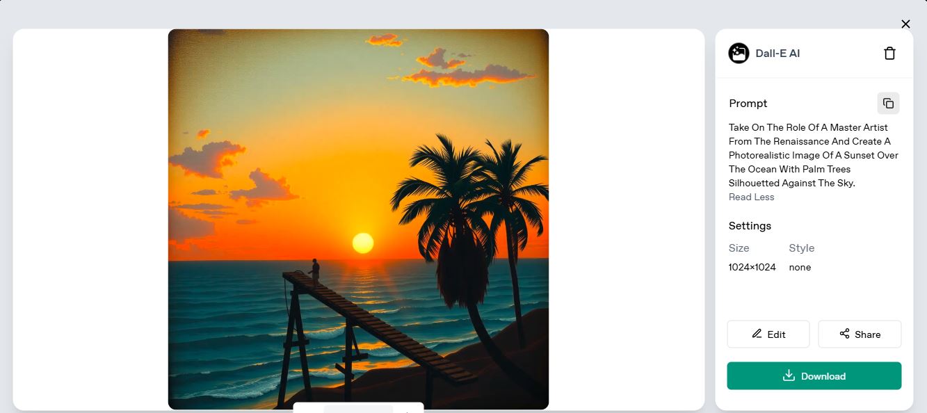 DALL-E AI-generated image of a photorealistic sunset over the ocean with palm trees and a wooden dock, demonstrating effective prompt engineering results