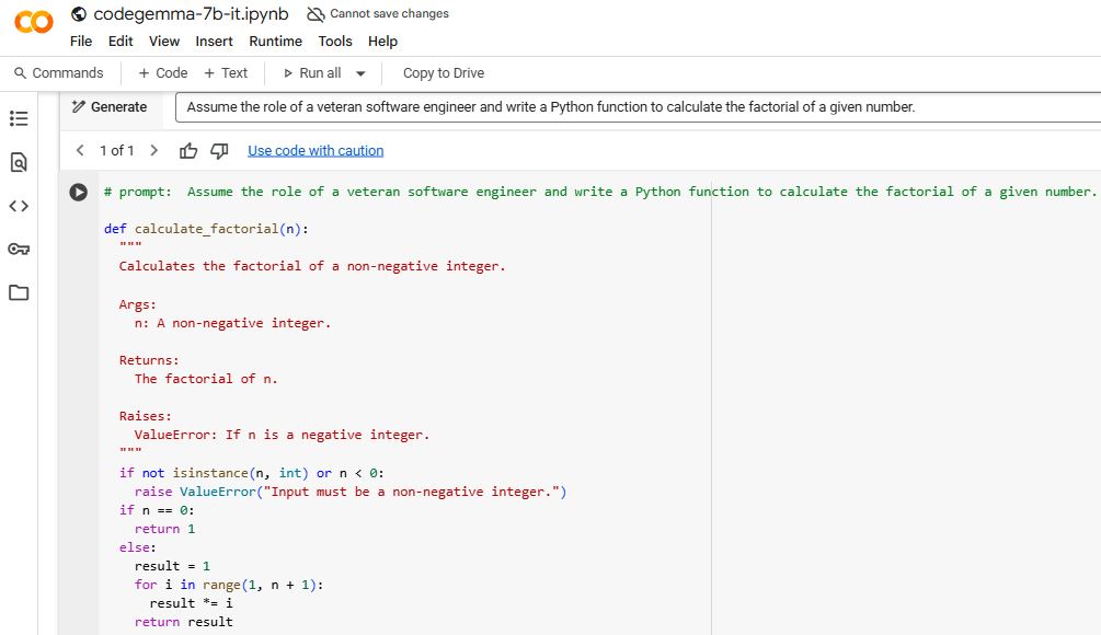 Google Colab interface showing AI-generated Python code for a factorial function based on a prompt engineering example with role-based instruction