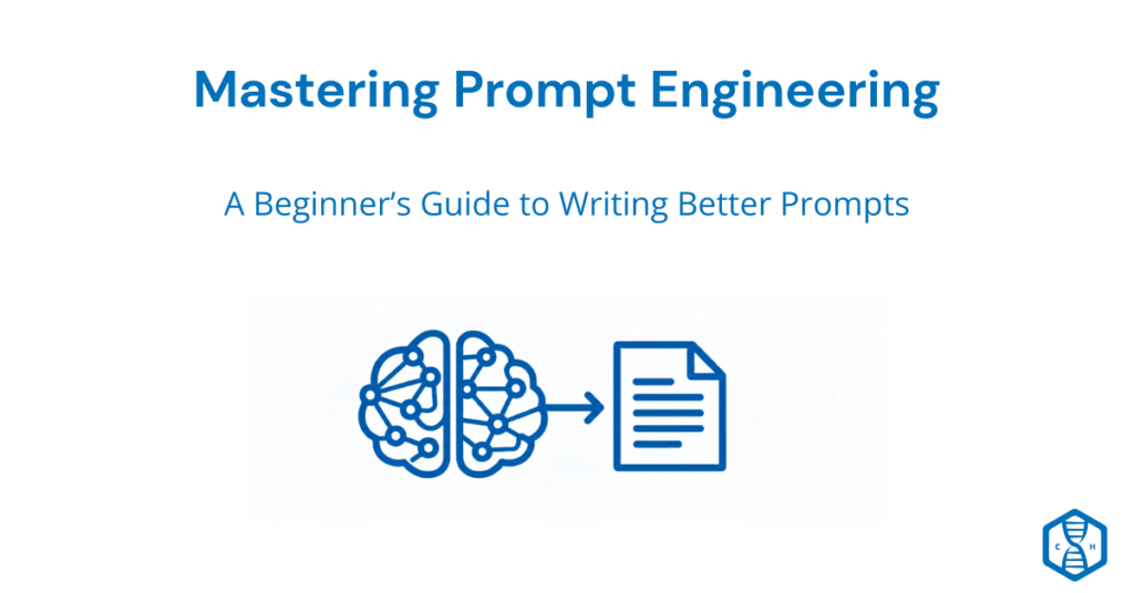Featured image for How to Unlock AI's Potential with Prompt Engineering showing teal brain icon connected by arrow to document icon with subtitle 'A beginner's guide to writing better AI prompts' on light teal gradient background
