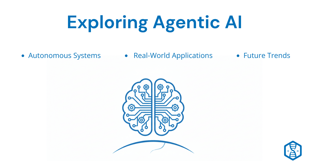 Featured image for Exploring Agentic AI guide showing brain circuit icon with gear elements and bullet points for autonomous systems, real-world applications, and future trends on light teal gradient background