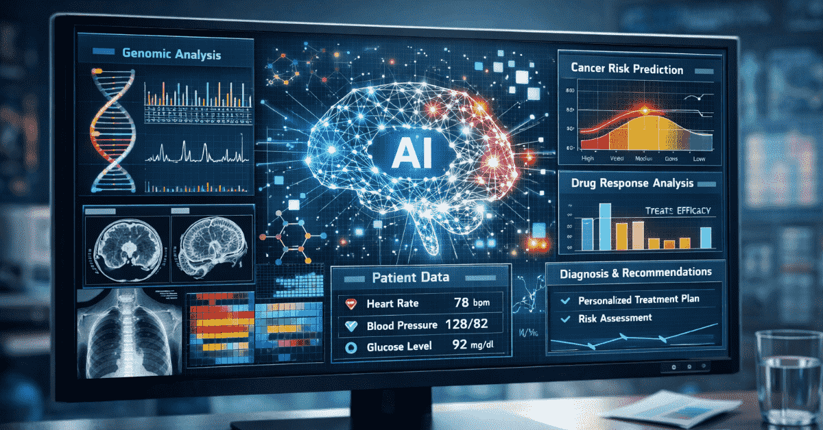 AI system displaying multiple medical data dashboards including genomic analysis, cancer risk prediction, drug response analysis, and patient data on computer monitor in clinical setting