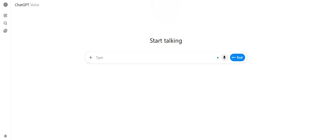 ChatGPT Voice Mode interface showing the 'Start talking' prompt with voice input button for real-time AI conversation