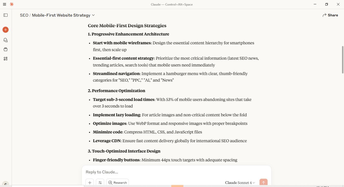 Claude AI generated mobile-first design strategies including progressive enhancement, content hierarchy, and performance optimization