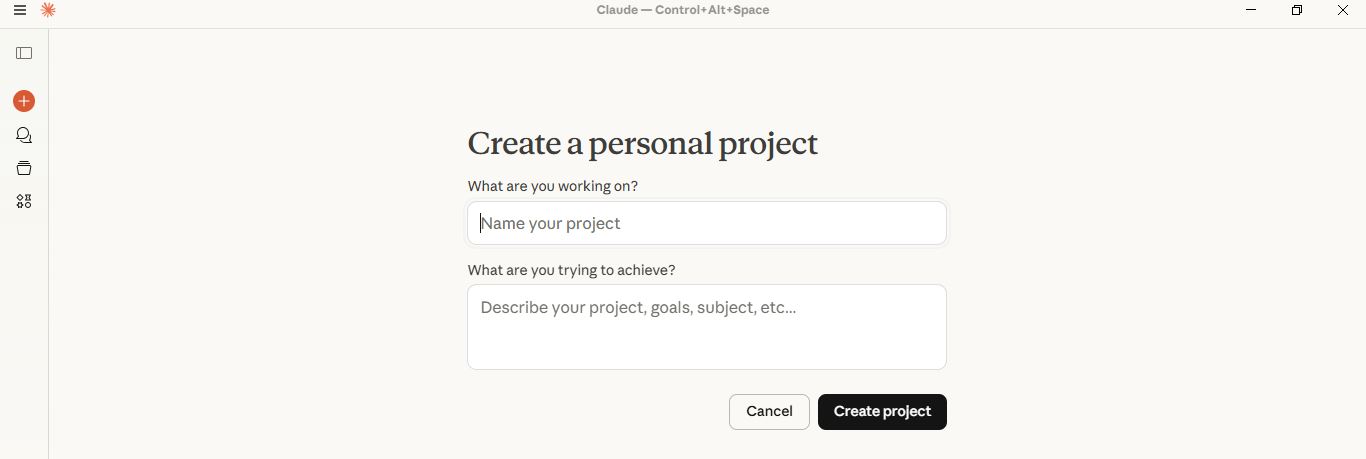 Claude Projects interface showing the 'Create a personal project' setup screen with fields for naming projects and defining goals