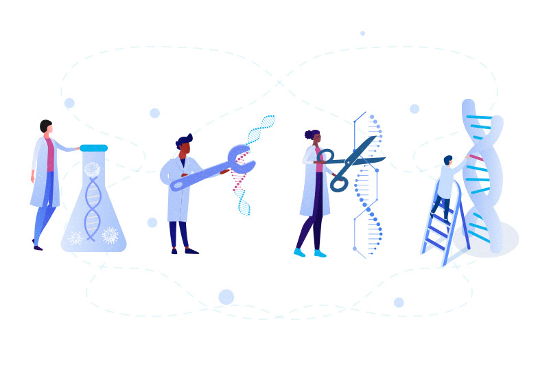 Illustration of gene therapy process showing scientists working with DNA strands, CRISPR gene editing with scissors, gene delivery in test tubes, and DNA manipulation representing cell and gene therapy approaches