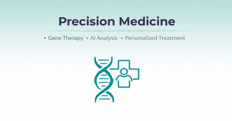 Home Featured image for Precision Medicine guide showing DNA helix and medical cross icon with bullet points for Gene Therapy, AI Analysis, and Personalized Treatment on light teal gradient background