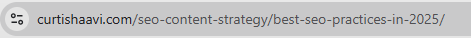 Example of an SEO-optimized URL structure showing curtishaavi.com/seo-content-strategy/best-seo-practices-in-2025 with keywords, hyphens, and logical hierarchy