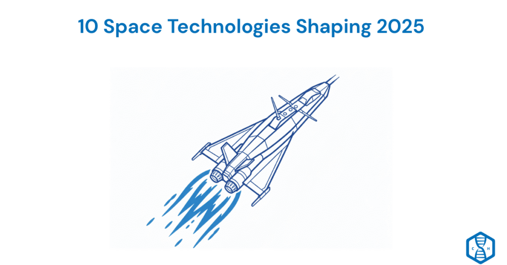 Featured image for Beyond Earth: 10 Space Technologies Defining Our Future in 2025 showing minimalist teal rocket icon launching from Earth curve on light teal gradient background