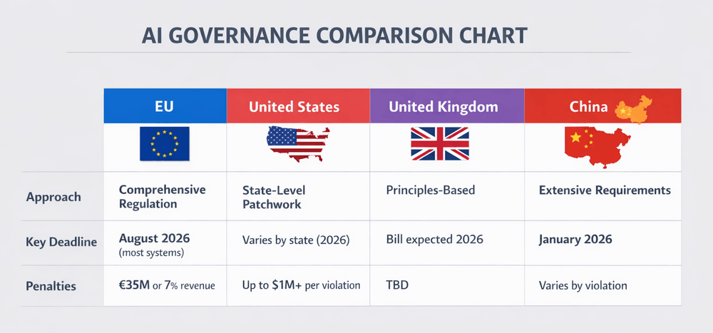 Comparison chart showing AI governance approaches across EU, United States, United Kingdom, and China in 2026, including regulatory approach, key deadlines, and penalty structures
