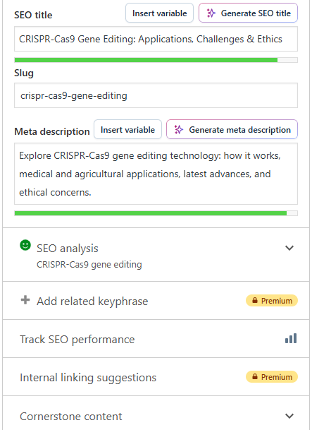 Yoast SEO interface showing on-page optimization for CRISPR gene editing article with meta descriptions, titles, and SEO analysis