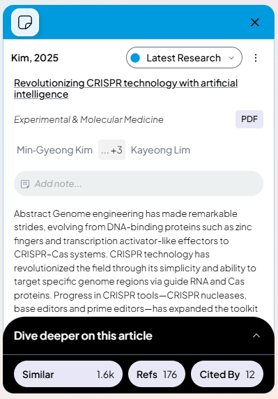 ResearchRabbit interface showing academic research paper on CRISPR and artificial intelligence with citations and abstract for research translation