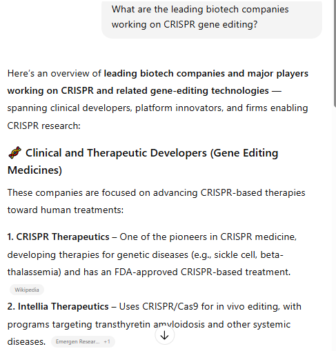 Screenshot listing leading biotech companies working on CRISPR gene editing, including CRISPR Therapeutics, Intellia, Editas, Beam Therapeutics, and Prime Medicine.