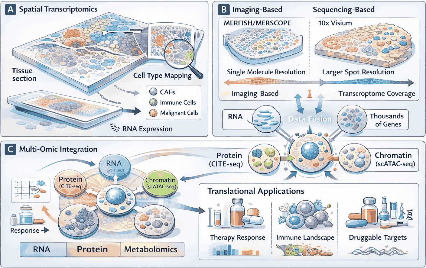 Three-panel figure illustrating spatial and multi-omic integration of single-cell data. Panel A shows spatial transcriptomics preserving tissue architecture with cell type mapping of CAFs, immune cells, and malignant cells within tissue sections. Panel B compares imaging-based methods (MERFISH/MERSCOPE with single molecule resolution) versus sequencing-based methods (10x Visium with larger spot resolution), showing the tradeoff between imaging-based precision and transcriptome coverage through data fusion. Panel C demonstrates multi-omic integration combining RNA, protein (CITE-seq), and chromatin (scATAC-seq) data, leading to translational applications including therapy response prediction, immune landscape mapping, and druggable target identification.