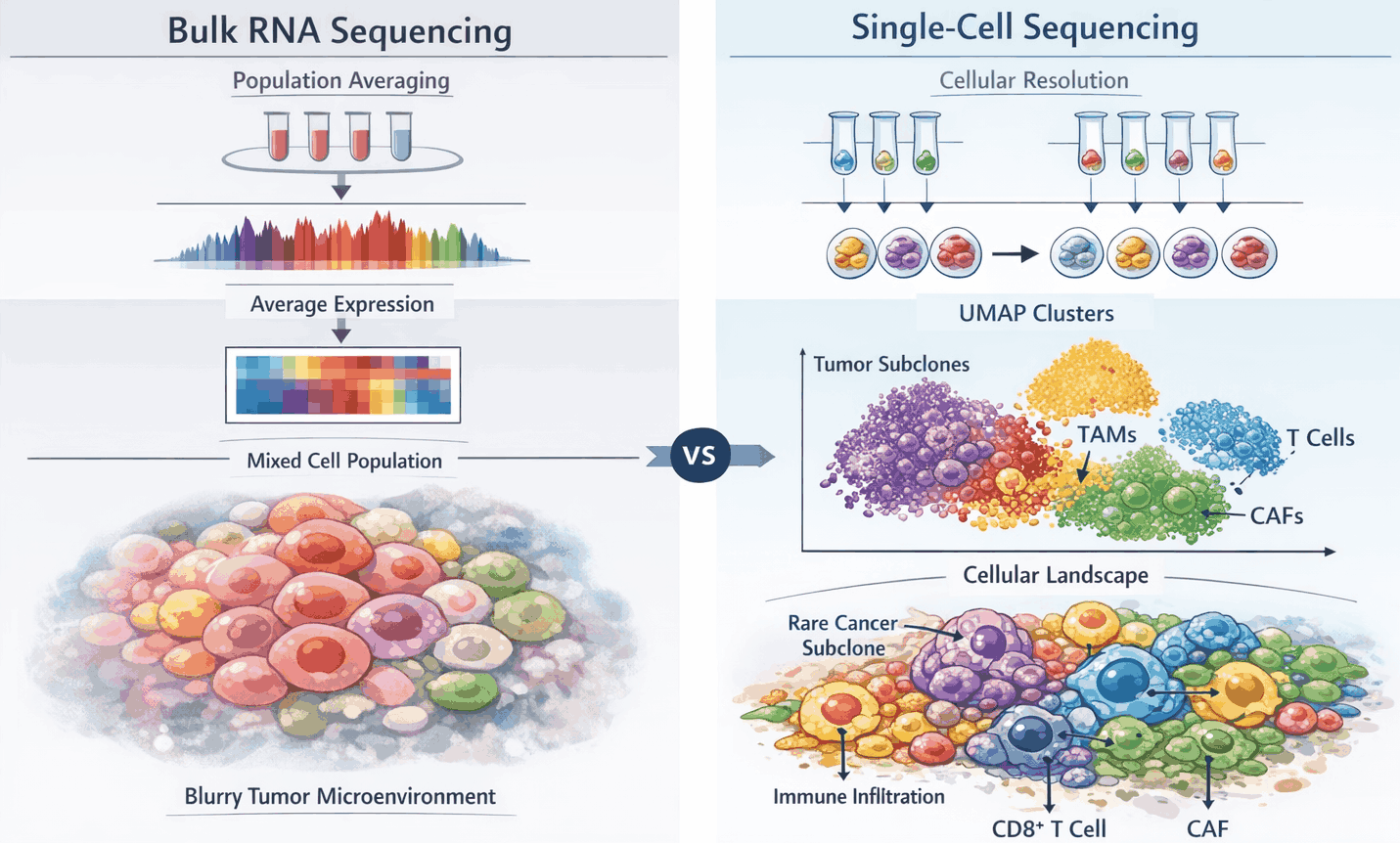 Comparison of bulk RNA sequencing versus single-cell RNA sequencing in tumor ecosystems. Left panel shows bulk RNA-seq averaging heterogeneous cell populations into blurred tumor microenvironment. Right panel shows scRNA-seq resolving distinct cellular populations including tumor subclones, TAMs (tumor-associated macrophages), T cells, and CAFs (cancer-associated fibroblasts) through UMAP clustering and cellular landscape visualization.