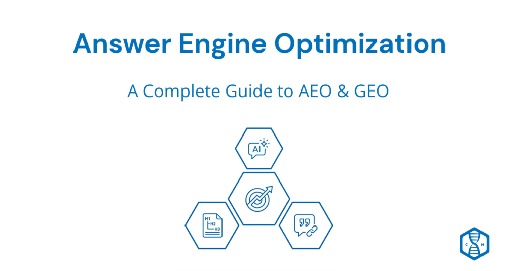 Featured image for Answer Engine Optimization guide showing T-shape hexagon cluster with AI chat, target optimization, content structure, and citation authority icons in Curtis Haavi brand blue"