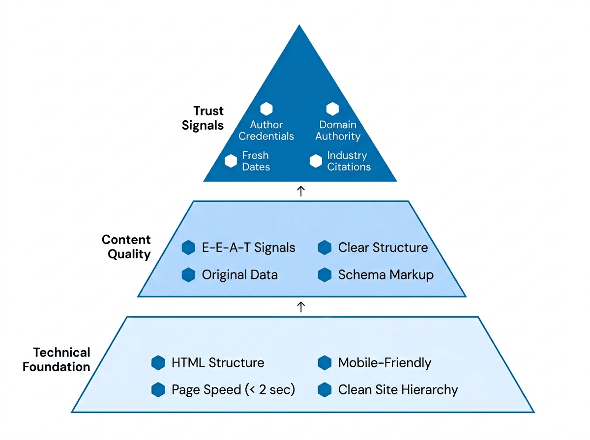Pyramid diagram showing three layers of AEO and GEO content signals: Technical Foundation at bottom with HTML structure and page speed, Content Quality in middle with E-E-A-T signals and schema markup, and Trust Signals at top with author credentials and domain authorit