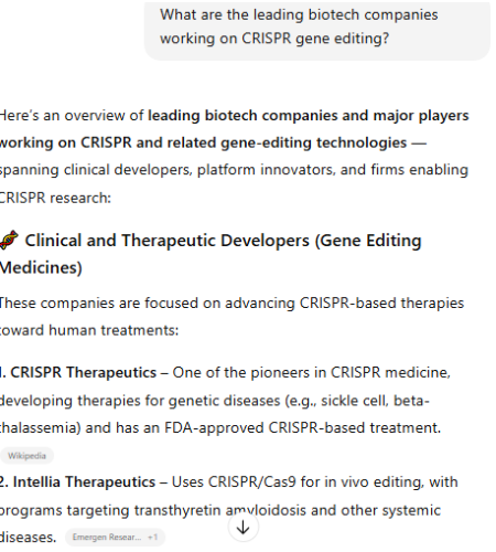 Screenshot listing leading biotech companies working on CRISPR gene editing, including CRISPR Therapeutics, Intellia, Editas, Beam Therapeutics, and Prime Medicine.