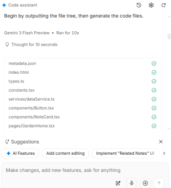 AI code assistant generating website files showing automated development workflow with file structure and technical implementation